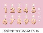 Birthday candles set for anniversary cake vector illustration. 3D realistic beige wax numbers with fire, burning numeral figures with candlelight on pink background for invitation, greeting card
