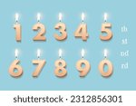 Birthday candles set for anniversary cake vector illustration. 3D realistic beige wax numbers with fire, burning numeral figures with candlelight on blue background for invitation, greeting card.
