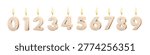 Birthday candles set for anniversary cake vector illustration. 3D realistic beige wax numbers with fire, burning numeral figures with candlelight on pink background for invitation, greeting card.