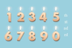 Birthday Candles Set For Anniversary Cake Vector Illustration. 3D Realistic Beige Wax Numbers With Fire, Burning Numeral Figures With Candlelight On Blue Background For Invitation, Greeting Card.