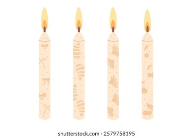 Birthday candles set. Beige neutral holiday decor accessories. Vector flat illustration collection isolated on white background.