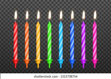 Birthday candles set with burning flames isolated on dark transparent background