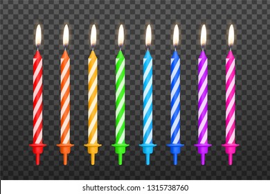 Birthday candles set with burning flames isolated on dark transparent background