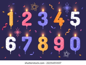 Birthday candles set. Collection of stickers for social network and messengers. Decoration for cake and sweets. Holiday and festival. Cartoon flat vector illustrations isolated on blue background