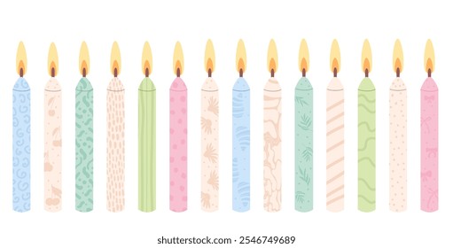 Birthday candles set. Birthday party decor for festive cake and pies. Vector flat illustration collection isolated on white background.