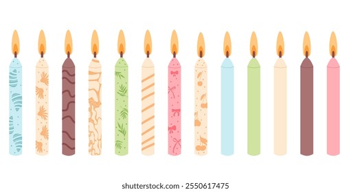 Birthday candles set. Vector flat illustration collection isolated on white background. Flamed candles pack.