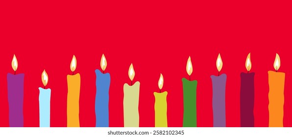 Birthday candles vector illustration. Bright candles row frame with copy space. Red background with colorful lit candles.