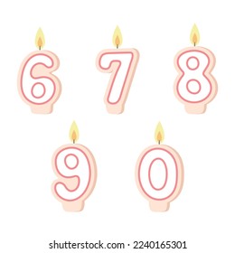 Birthday candles vector illustration on white background. Number candles can be used freely on birthday cake. Celebration candles have numbers 6,7,8,9,0. 