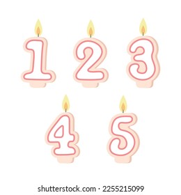 Ilustración vectorial de velas de cumpleaños sobre fondo blanco. Las velas numéricas se pueden usar libremente en tortas de cumpleaños. Las velas de celebración tienen los números 1,2,3,4,5. 