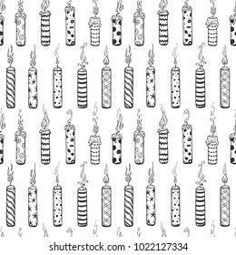 Birthday Candles Vector Seamless Pattern. Hand Drawn Doodle Burning Patterned Candle with Smoke. Happy Birthday Background  