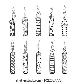 Birthday Candles Vector Set. Hand Drawn Doodle Burning Patterned Candle with Smoke