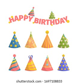 Birthday Cap. Celebration Decorative Symbols Party Clothes Event Decoration Costume. Vector Comical Cap