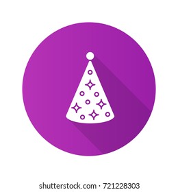 Birthday cap flat design long shadow glyph icon. Party cone. Vector silhouette illustration