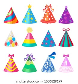 Birthday caps. Cartoon party decoration celebration element vector colored caps collection