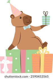 Birthday Capybara With Gifts Vector Illustration