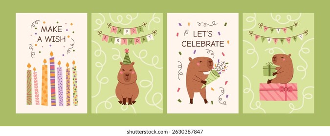Coleção de cartões de saudação de aniversário capybara para crianças. Personagens capivaras bonitos, velas, chapéu de festa, clapper, fogos de artifício, confetes, caixas de presente. Pastel de celebração delicado conjunto de cartazes de vetor plano.
