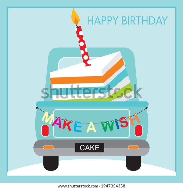 Birthday car\
and cake illustration for birthday\
card