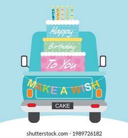 Birthday car and cakes illustration for birthday card