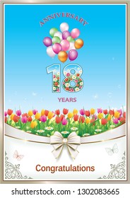 Birthday card 18 years with natural floral background and balloons. Vector illustration