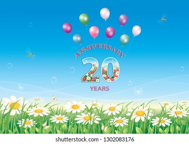 Birthday card 20 years with natural floral background and balloons. Vector illustration
