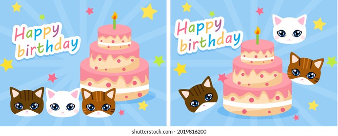 Birthday Card With 3 Cute Cats And Delicious Cake