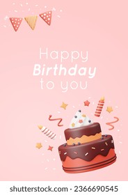 Geburtstagskarte mit 3D-Kuchen-Rendering, Kerze, Bunding, Squiggles, Konfetti und Sterne splash. Vektorgrafik im Plastikstil. Cremes süßes Essen mit Schokoladeneis, Heidelbeeren und Sprinklen. 