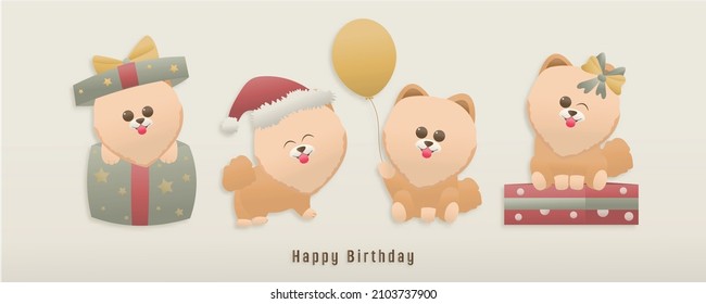 Birthday card, 4 dog characters brown, birthday celebration theme. dog sitting in gift box , a dog holding a balloon ,happy smiling dog ,paper and papercraft style vector illustration