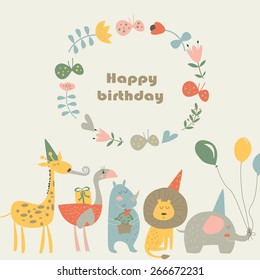 Birthday card with Africa animals.  Cute   lion, elephant, rhino,  ostrich and giraffe  in cartoon style.