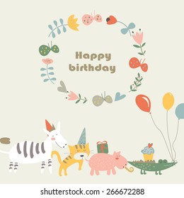Birthday card with Africa animals.  Cute alligator, tiger,    hippo and zebra in cartoon style.