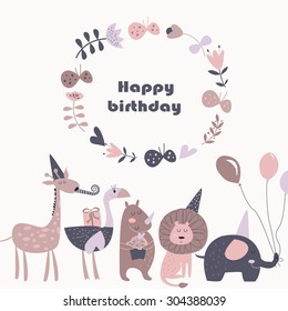 Birthday card with Africa animals.  Cute   lion, elephant, rhino,  ostrich and giraffe  in cartoon style.