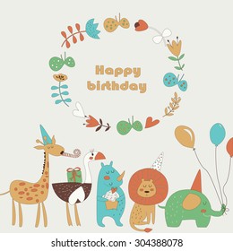 Birthday card with Africa animals.  Cute   lion, elephant, rhino,  ostrich and giraffe  in cartoon style.