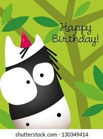Birthday card with animal character Vector illustration of cute zebra