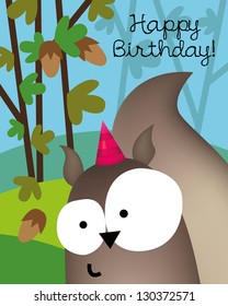 Birthday card with animal character, vector illustration of cute squirrel