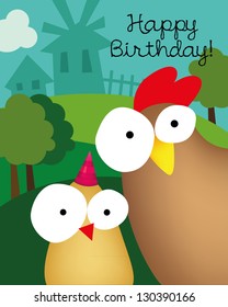 Birthday card with animal character, vector illustration of cute hen and chick