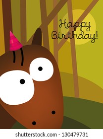 Birthday card with animal character, vector illustration of cute horse