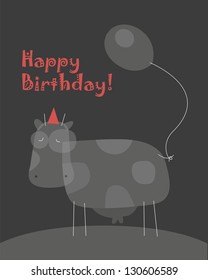 Birthday card with animal character, vector illustration of cute cow holding a balloon