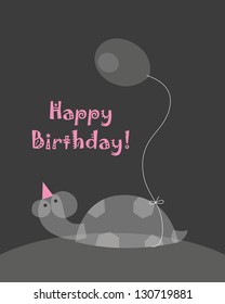 Birthday card with animal character,  vector illustration of cute turtle holding a balloon