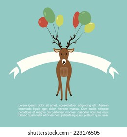 Birthday card with animal character, vector illustration of cute deer holding a balloon