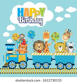 Birthday card with animals and balloons on the train
