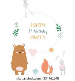 Birthday card with animals. Cute bear, bird, squirrel and rabbit in cartoon style.