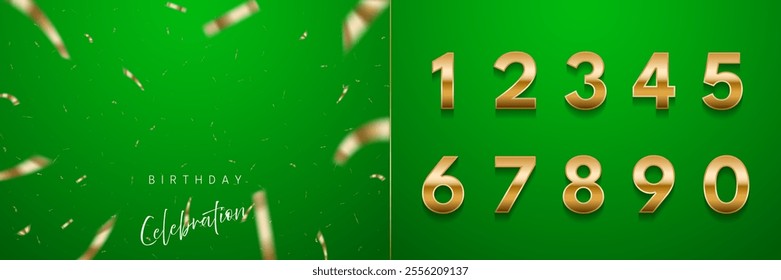 Birthday card anniversary template with golden numbers from 0 to 9 on green background with confetti. Celebration birthday vector illustration set for party invitation, postcard.