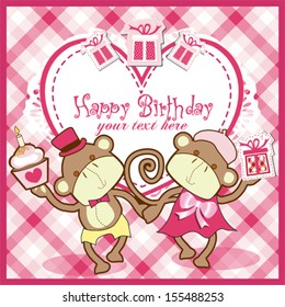 Birthday card for baby girl with monkey toys  cake and gift boxes vector illustration