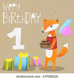 Birthday card. Baby greeting card with cute fox, balloons and gifts in the style of hand drawing and lettering, vector illustration