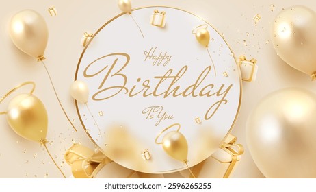 Birthday card background design with circle frame and 3D realistic luxury elements such as gift box, golden balloons and ribbon with light and bokeh decoration.