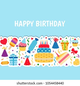 Birthday card. Background with gift boxes and celebration design elements.