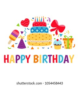 Birthday card. Background with gift boxes and celebration design elements.