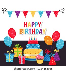 Birthday card. Background with gift boxes and celebration design elements.