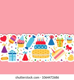 Birthday card. Background with gift boxes and celebration design elements.