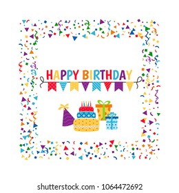 Birthday card. Background with gift boxes and celebration design elements.
