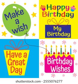 Birthday card with balloon, present and birthday cake design